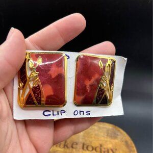 Vintage Large Statement Earrings Burgandy Clip On